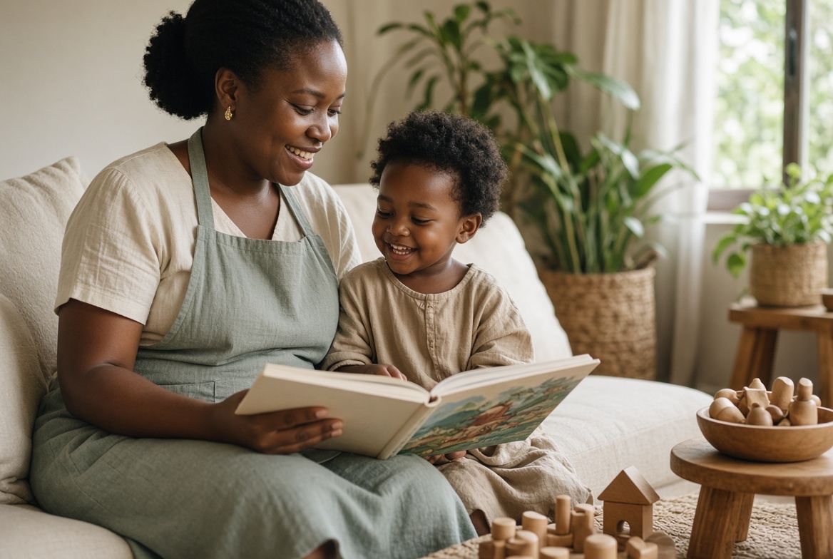 A nanny reading with a child in a sunlit living room